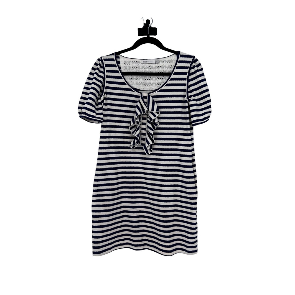 See‎ By Chloe Navy White Striped Ruffle Eyelet Mini Dress Size 6